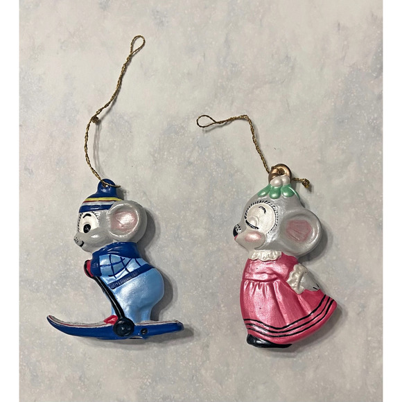 Vintage Mouse Christmas Ornaments Ceramic Alberta Mold Hand Painted, Set of 2 - Picture 2 of 12